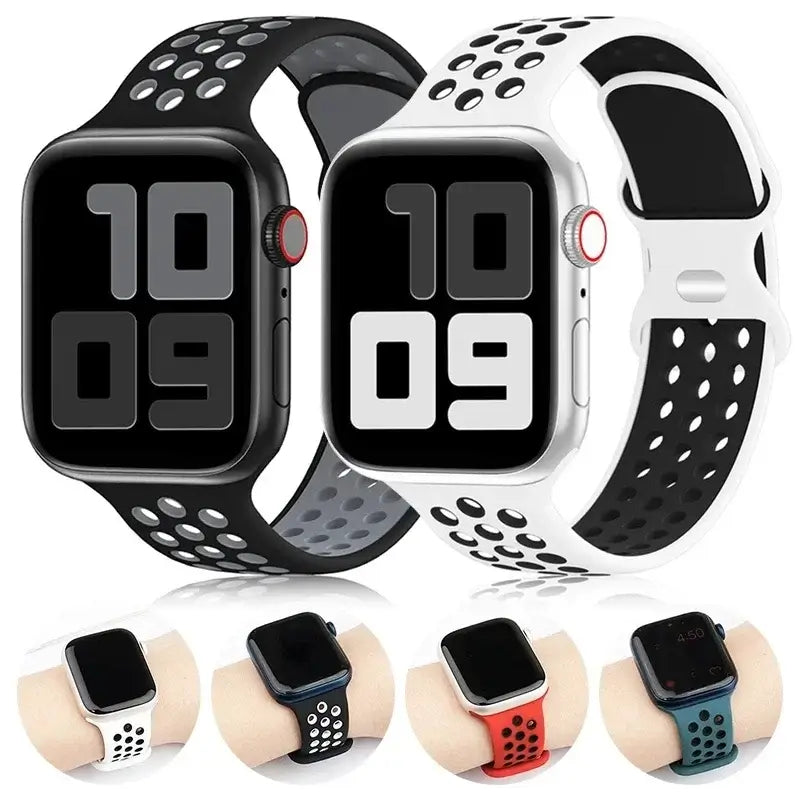 Black and white perforated Apple Watch bands with wrist and color previews