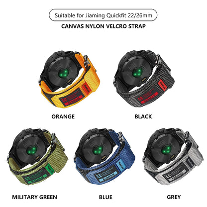 Canvas nylon velcro straps in orange, black, military green, blue, and grey for Jiaming Quickfit 22/26mm smartwatches.
