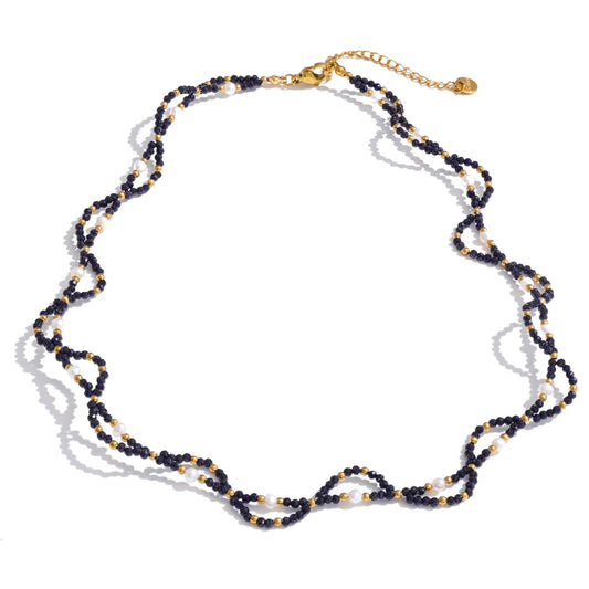 Lapis lazuli and pearl beaded necklace, gold-tone clasp
