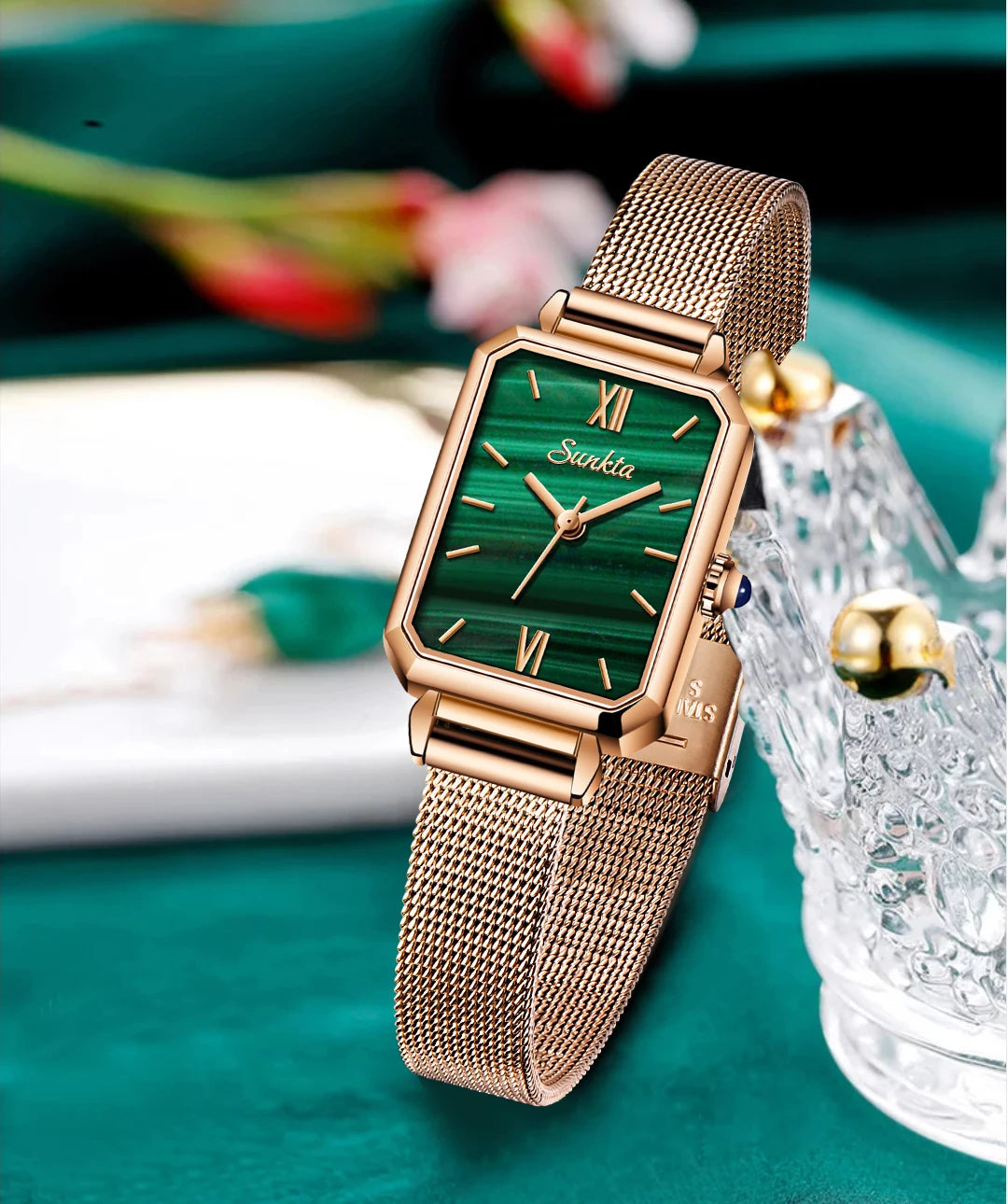 Women's Rectangular Quartz Watch with Mesh Band — Patterned green dial close-up