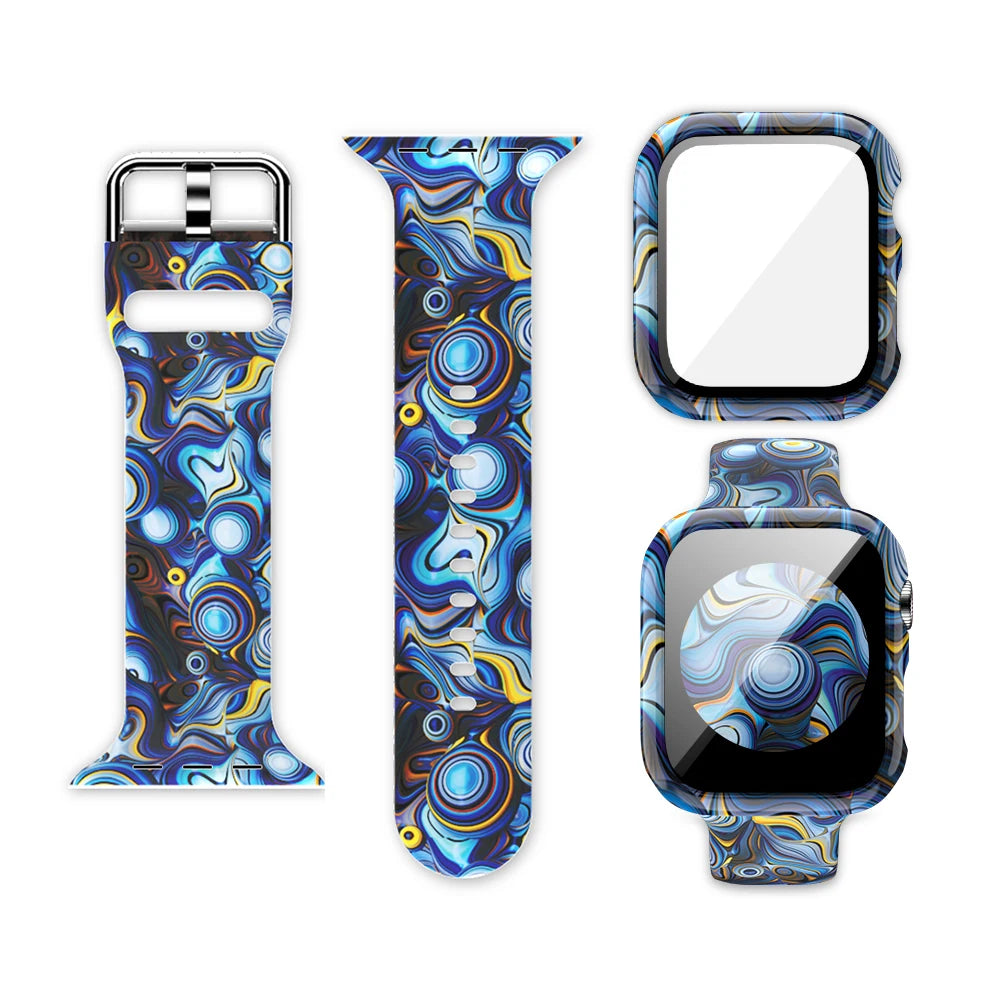 Apple Watch Silicone Strap with unique printed blue and black swirling design, showcasing style and comfort.