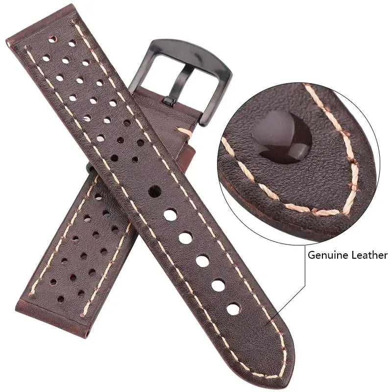Suunto Perforated Leather Rally Band - Leather edge stitching close-up