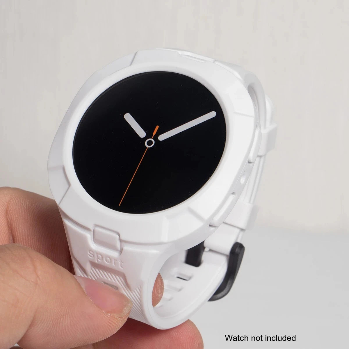 Samsung Galaxy Silicone Sport Watch Band - Case Watch8/Watch8 Classic/Watch9 in white color, held in a hand.