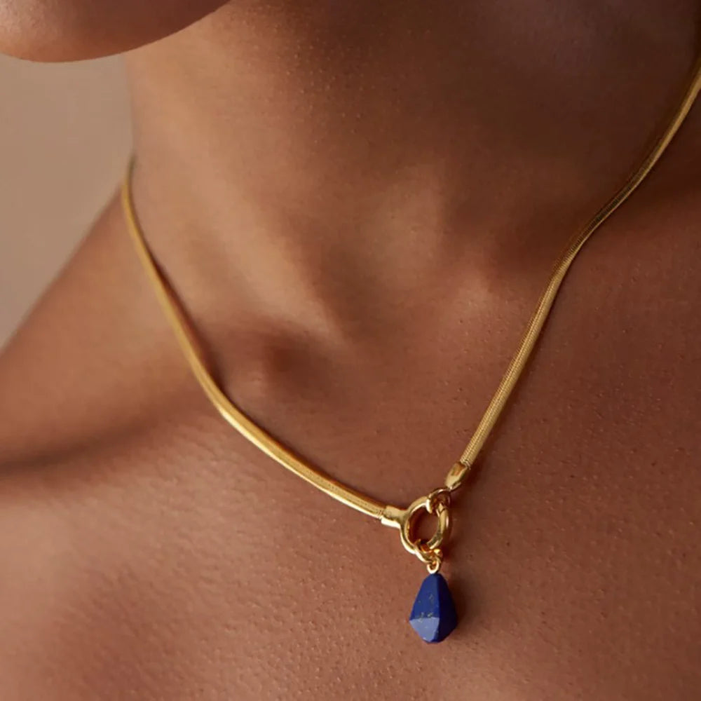 Lapis lazuli drop pendant necklace, gold-tone stainless steel