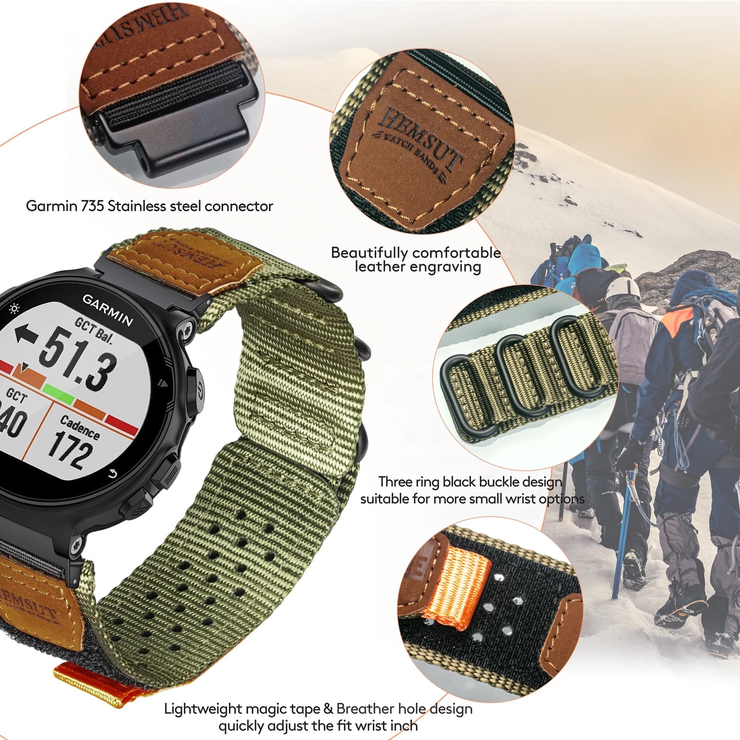 Garmin rugged nylon watch band strap featuring durable design, adjustable fit, and lightweight magic tape for smartwatch enhancement.