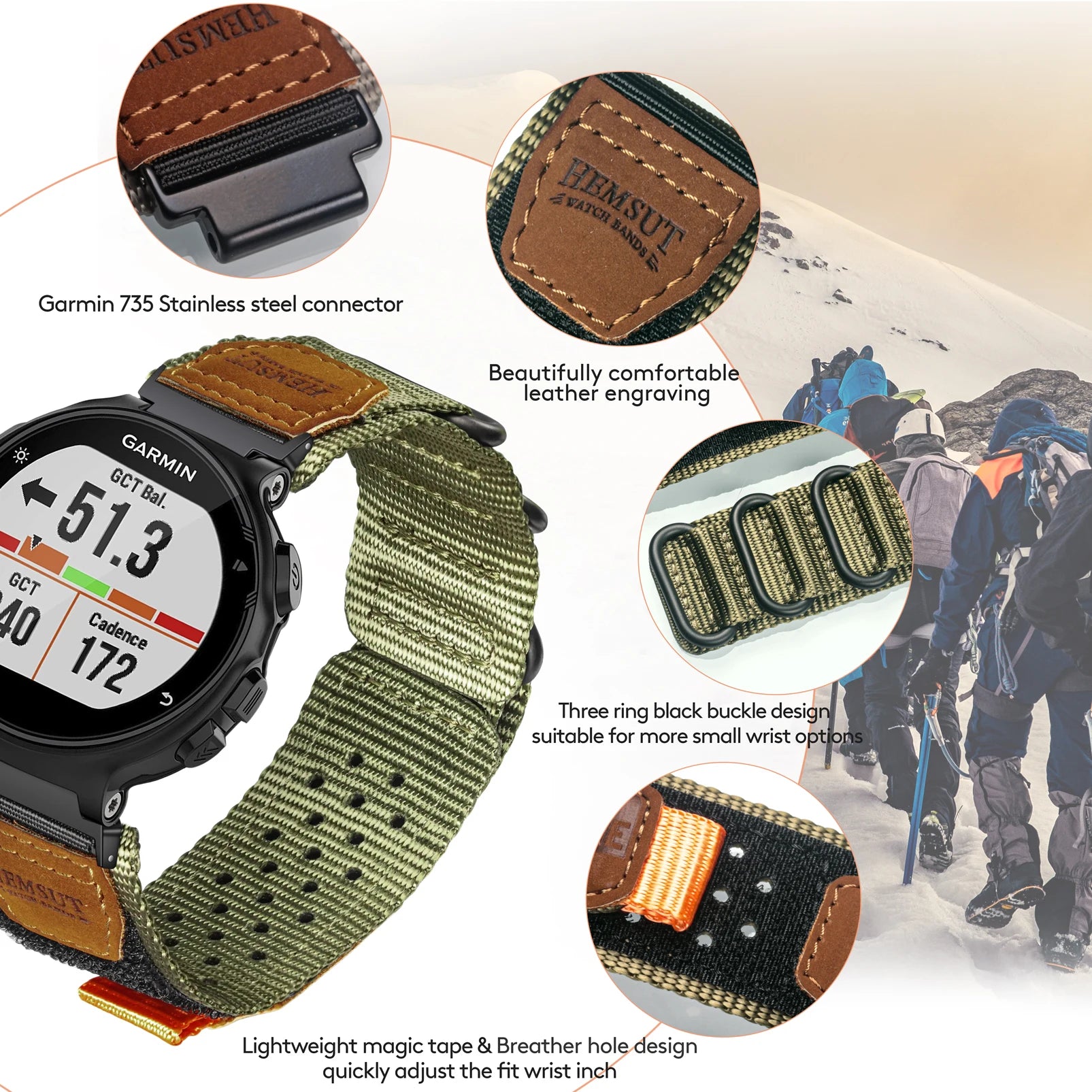 Garmin rugged nylon watch band strap featuring durable design, adjustable fit, and lightweight magic tape for smartwatch enhancement.
