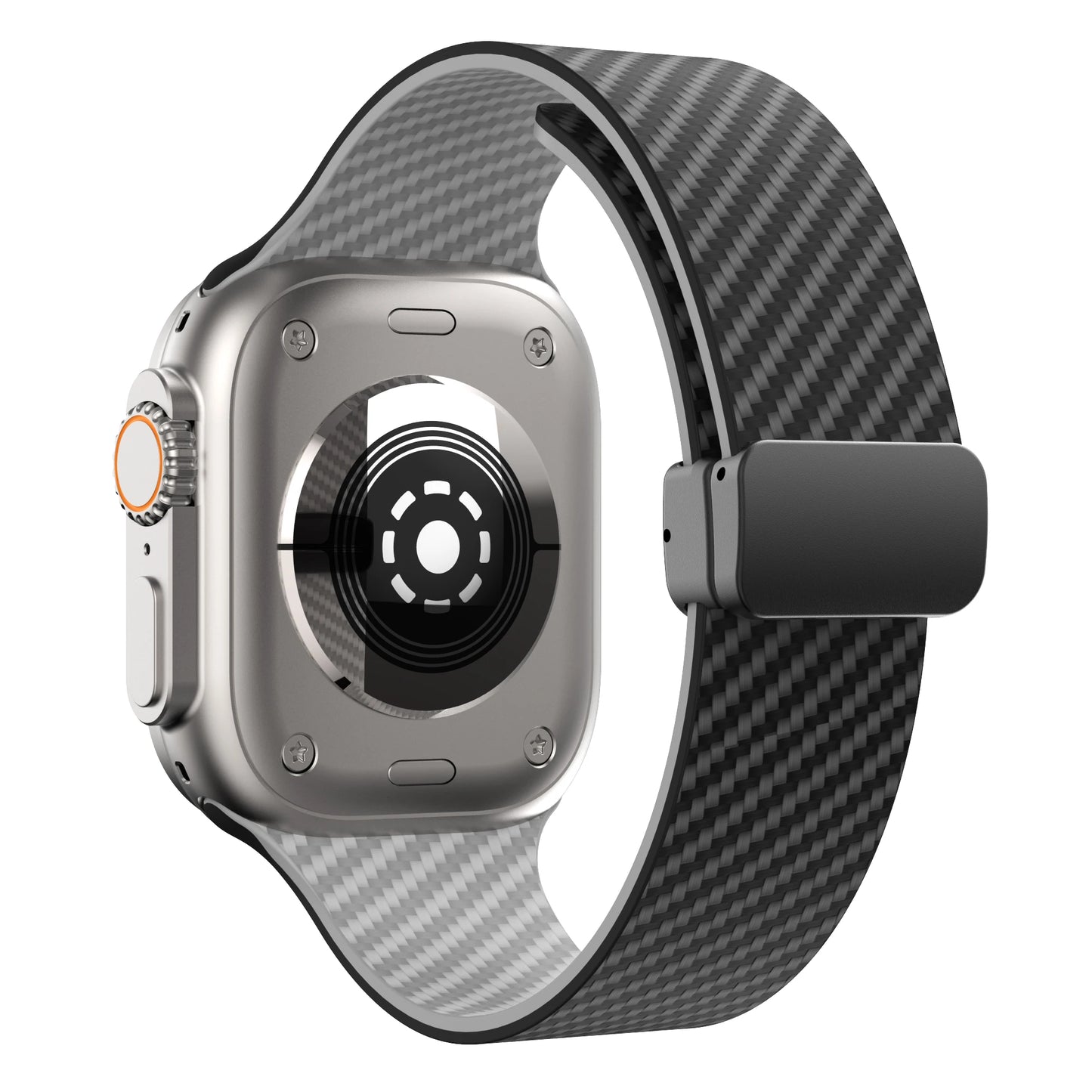 Apple Watch with a carbon fiber strap showcasing a sleek design and secure magnetic closure.