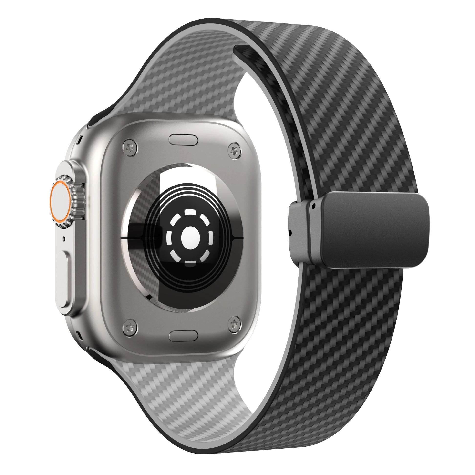 Apple Watch with a carbon fiber strap showcasing a sleek design and secure magnetic closure.