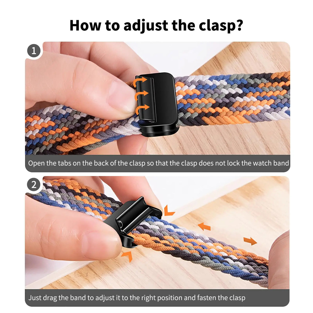Illustrated instructions for sliding clasp adjustment for Apple Watch