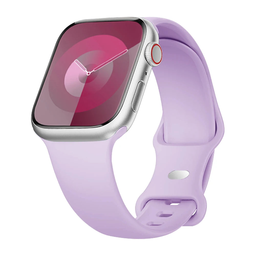 Apple Watch with lavender silicone strap, designed for comfort, waterproof for active lifestyles, perfect for workouts and daily wear.