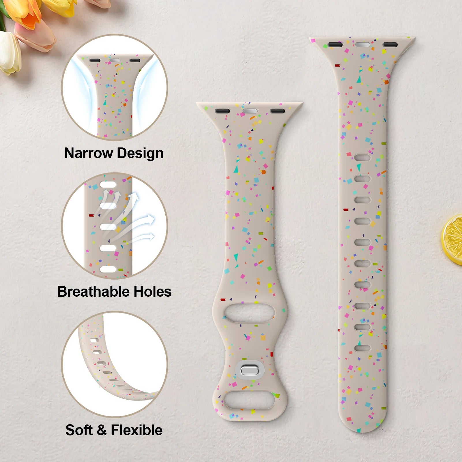 Colorful Apple Watch silicone band featuring a narrow design, breathable holes, and a soft, flexible material.