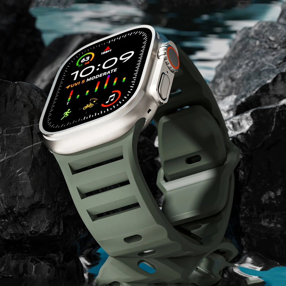 Olive silicone sport band shown on a watch outdoors for Apple Watch