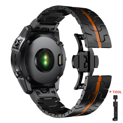 Garmin QuickFit stainless steel strap with black and orange design, perfect for Garmin smartwatch replacement.