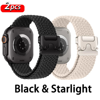 Apple Watch Parachute Strap set in Black and Starlight, featuring braided nylon for breathable comfort.