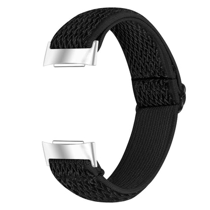 Black nylon replacement strap for Fitbit Charge 6, featuring a breathable design and stylish metal buckle.