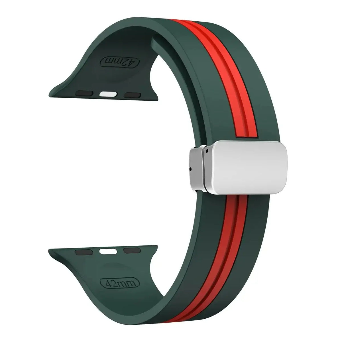 Forest Green / Red - Silver Clasp striped silicone Apple Watch band with magnetic clasp