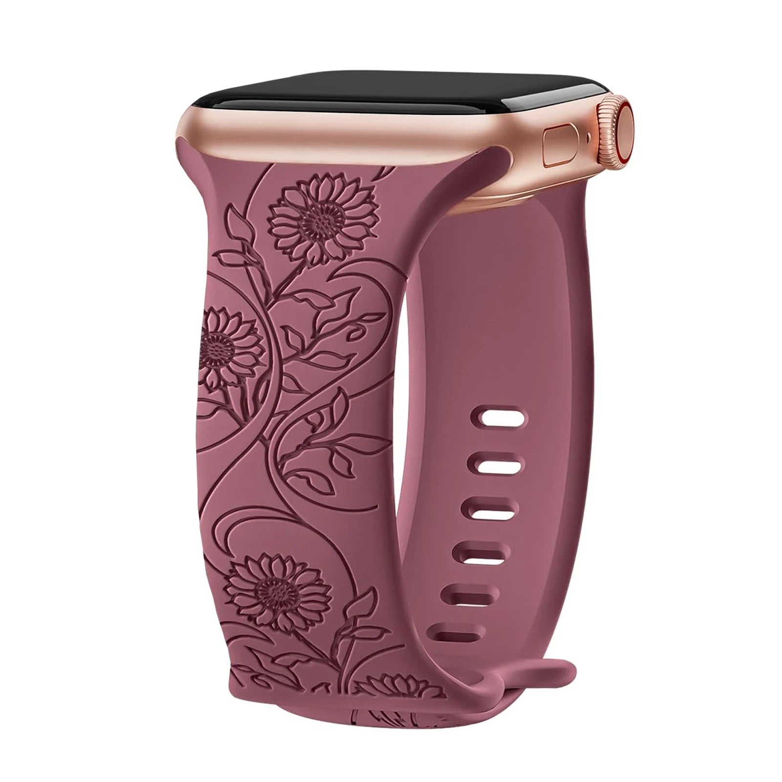 Apple Watch Silicone Strap in floral engraving, soft and waterproof design, perfect for style and comfort.