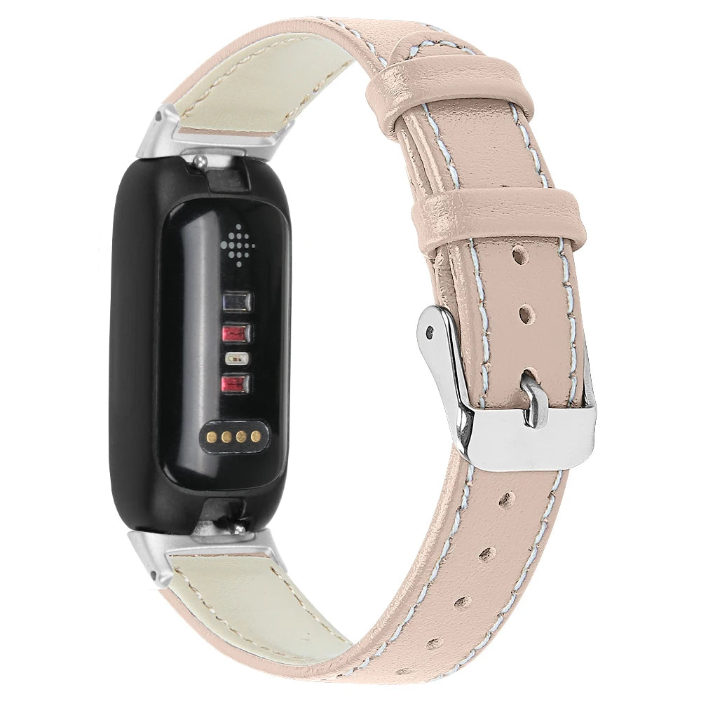Fitbit Inspire 3 leather band in beige with metal clasp, stylish and breathable smartwatch strap for comfortable wear.