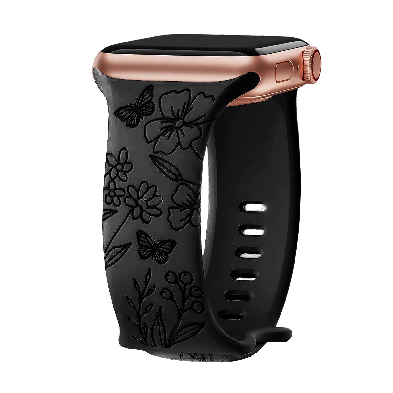 Apple Watch with black floral engraved silicone strap, showcasing elegance and comfort, waterproof and stylish.