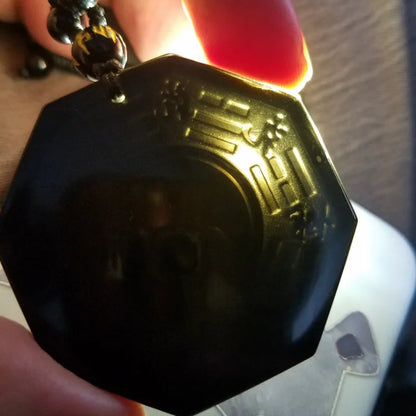 Carved Obsidian Yin Yang Bagua Pendant Necklace on Obsidian Bead Chain