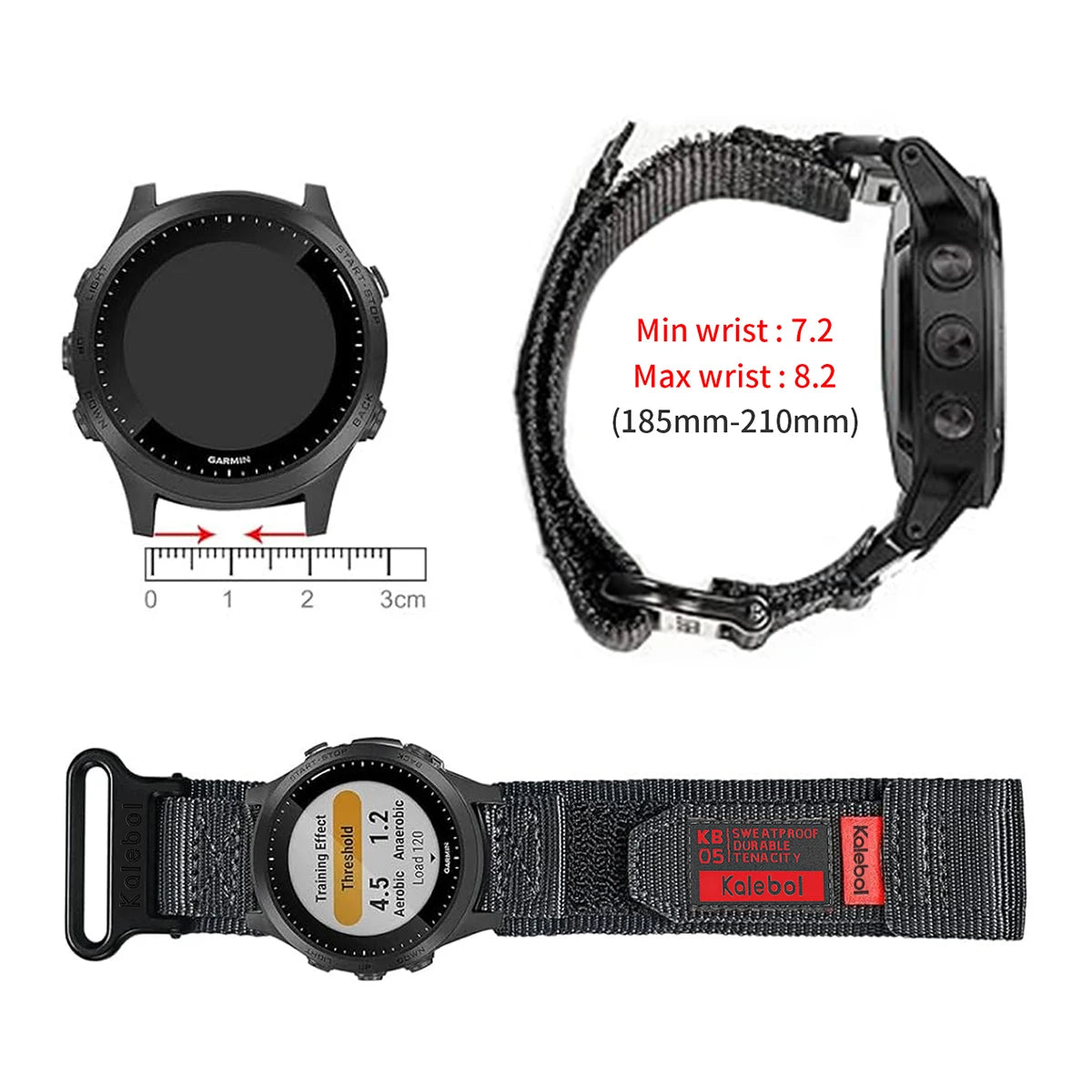Garmin Nylon Loop Strap shown on smartwatch, adjustable for wrist sizes 7.2 to 8.2 inches, perfect for active lifestyles.
