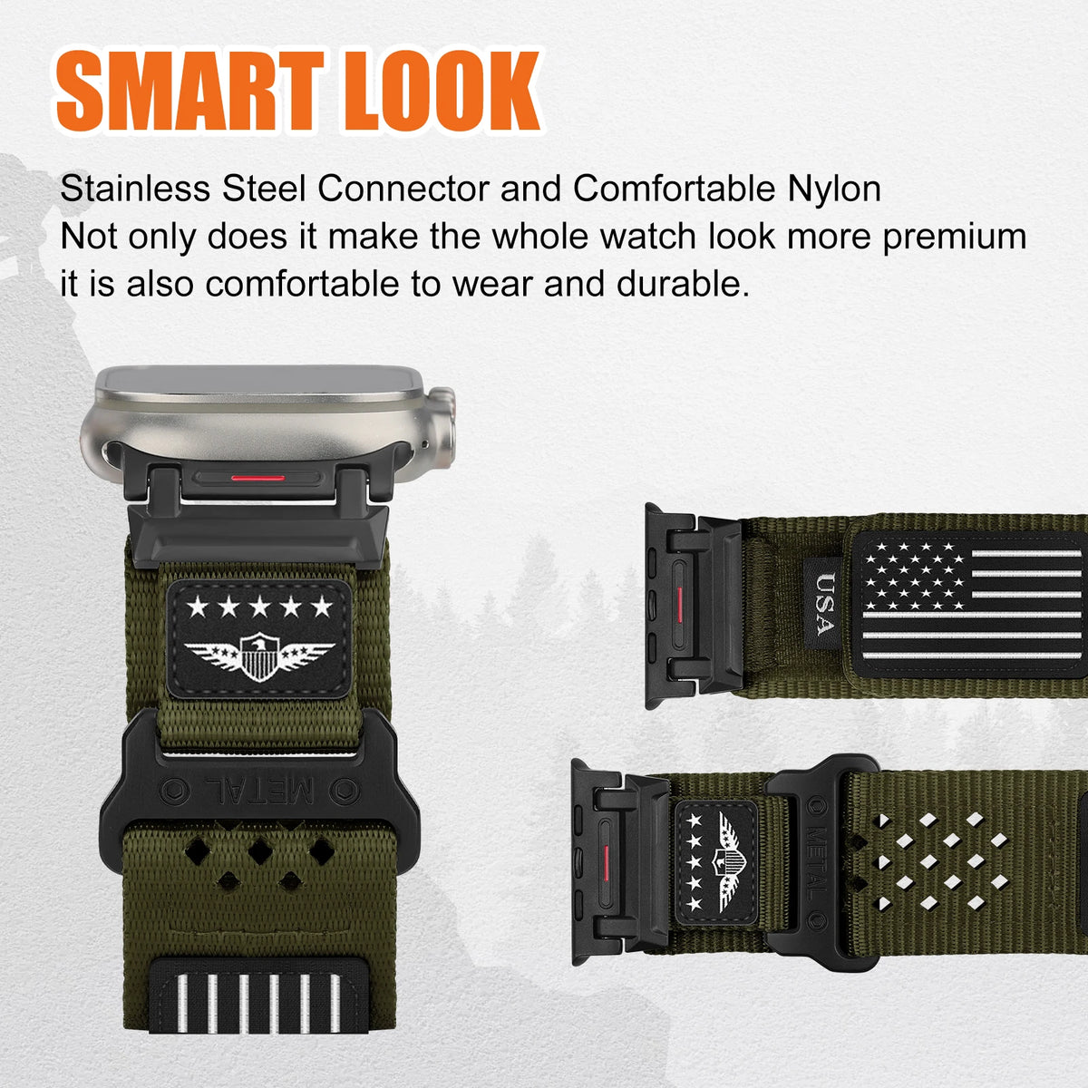 Nylon strap with connector and decorative patch details for Apple Watch