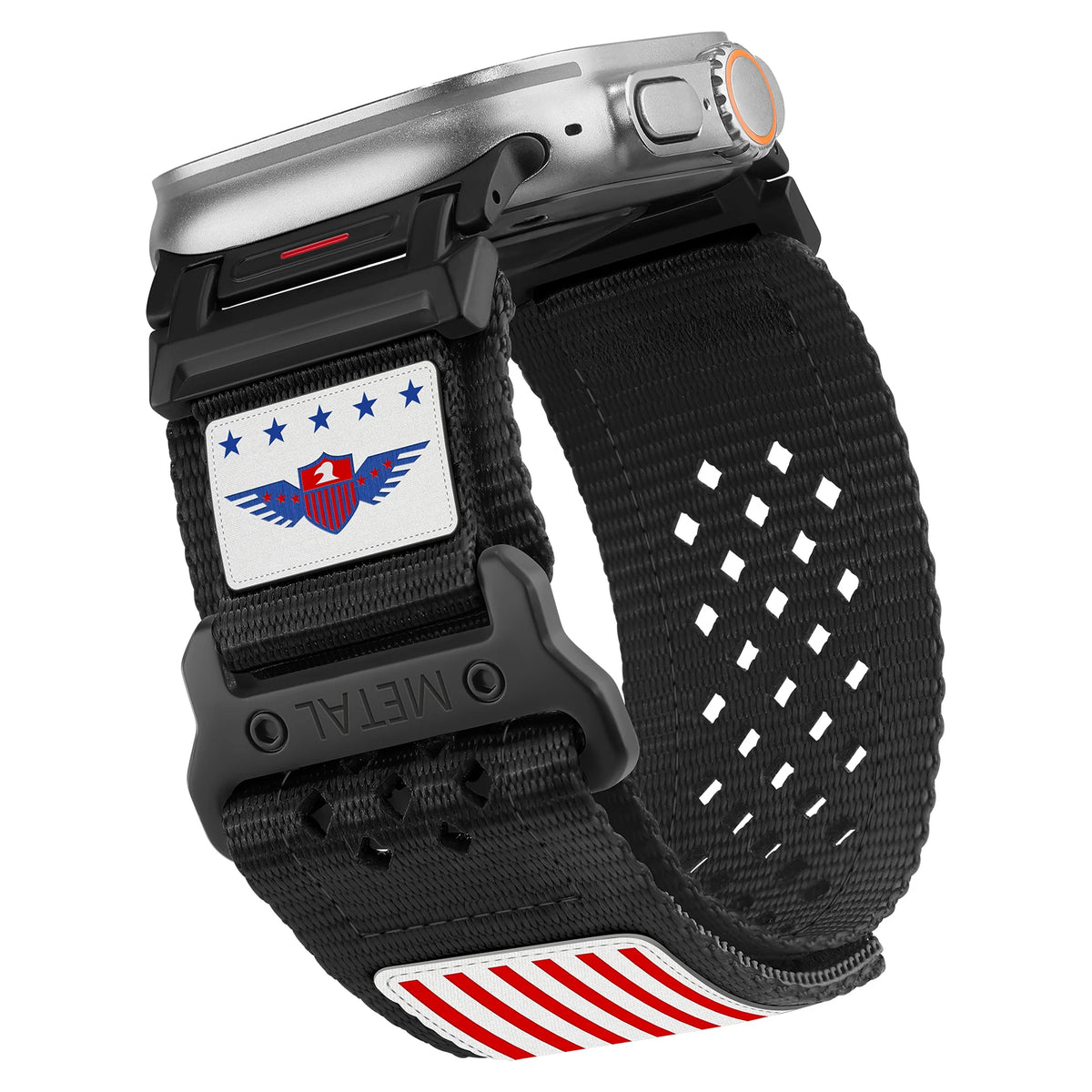 Perforated Nylon Apple Watch Sport Band with Decorative Patches in Black - White Patch
