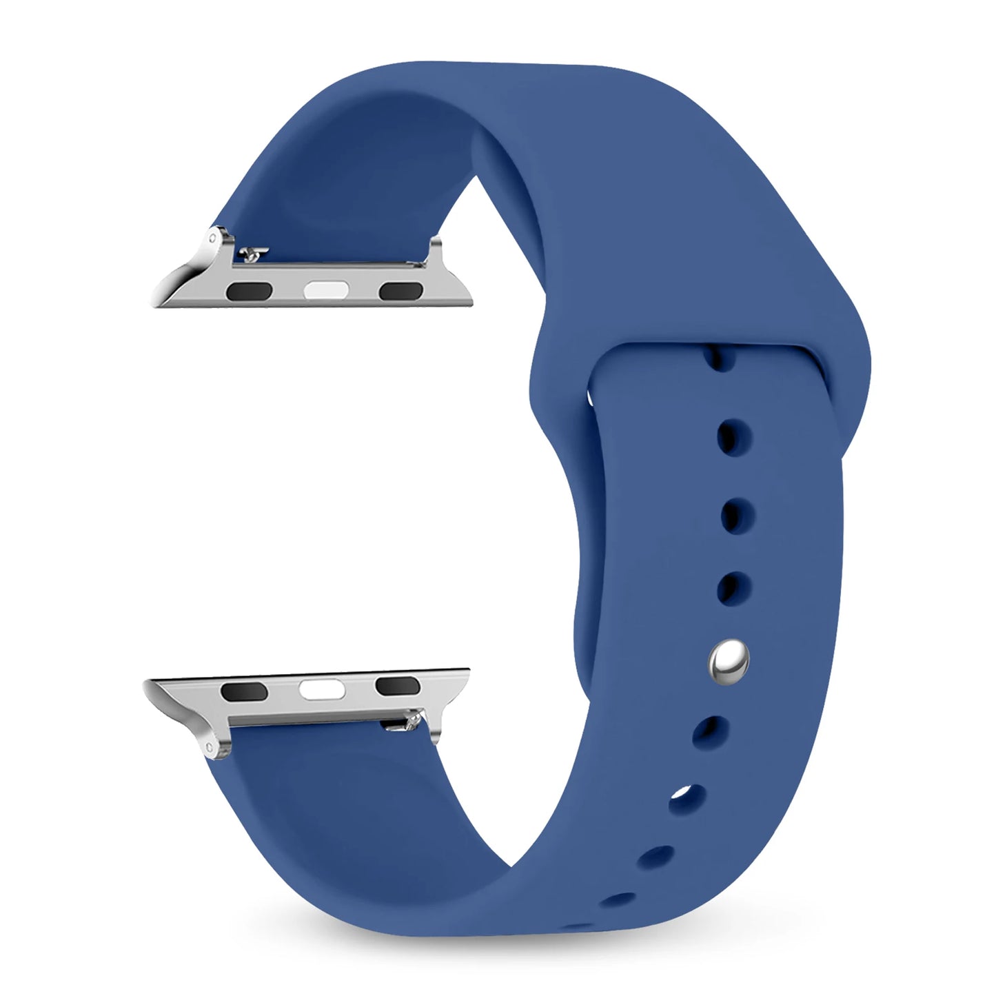 Blue silicone strap for Apple Watch, comfortable and waterproof design, perfect for workouts and casual wear.