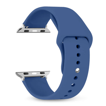 Blue silicone strap for Apple Watch, comfortable and waterproof design, perfect for workouts and casual wear.