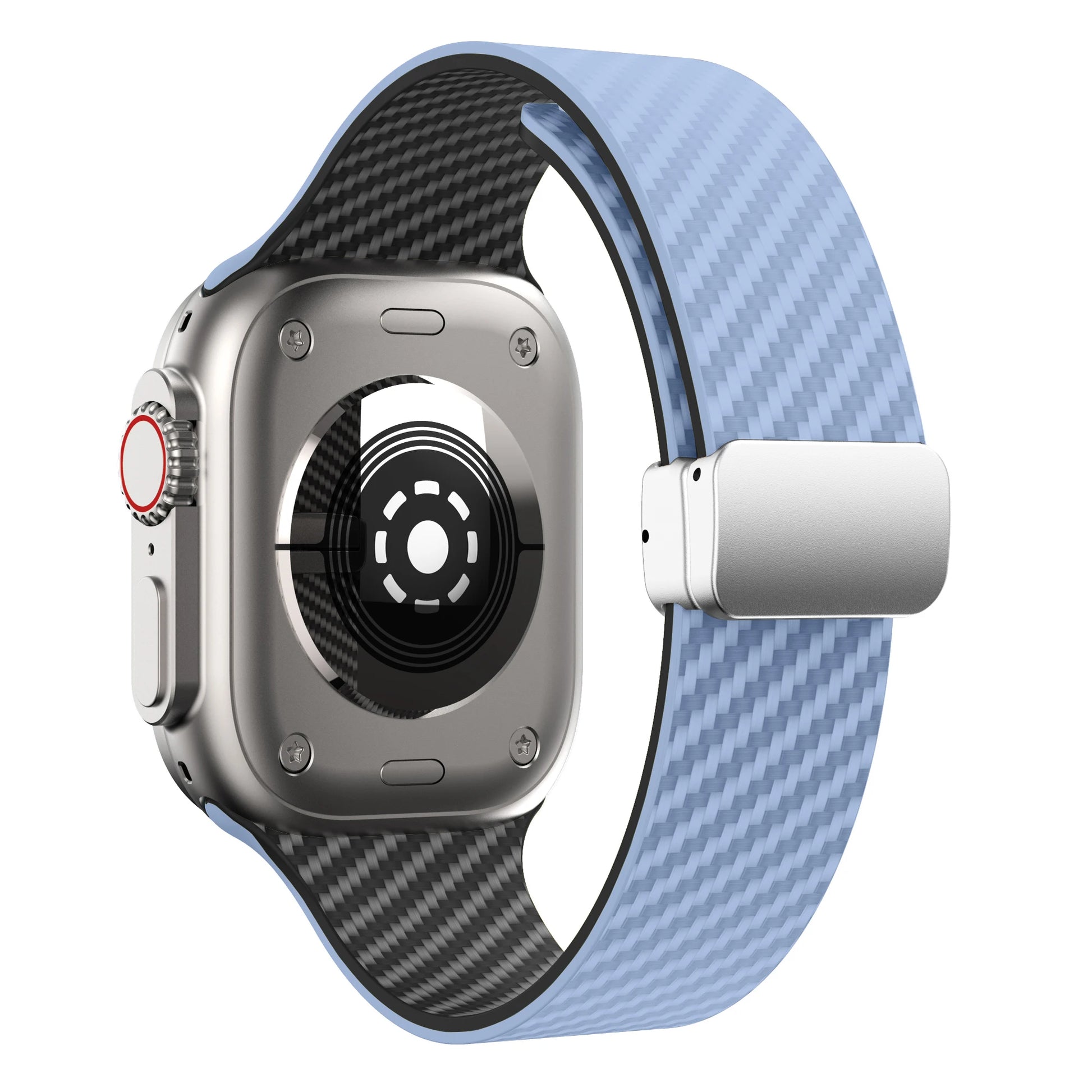Apple Watch Silicone Strap with magnetic buckle, featuring a stylish blue design and durable material for comfort.