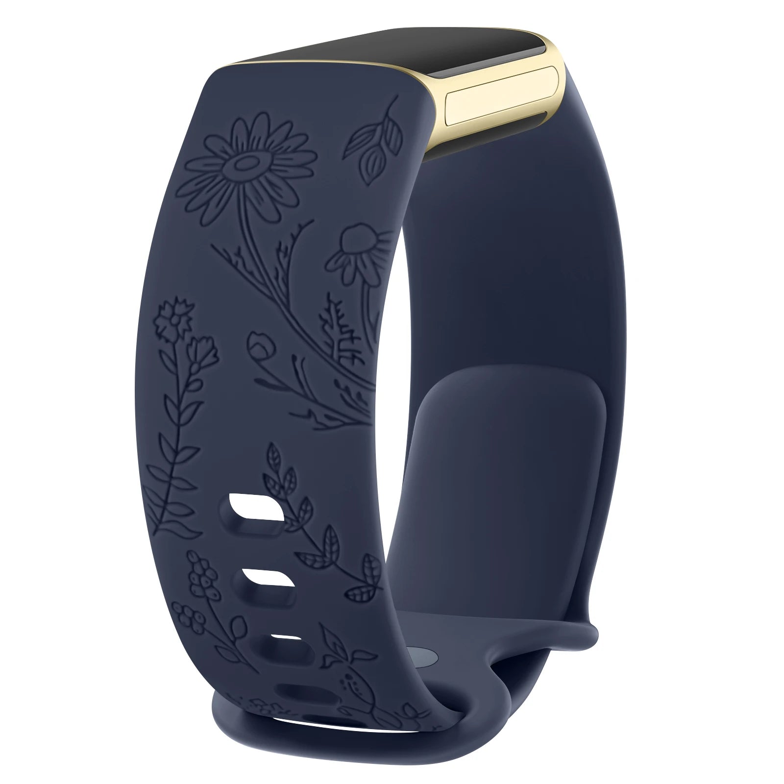 Navy silicone flower engraved strap for Fitbit Charge 5 and 6, combining style and comfort for smartwatch wearers.