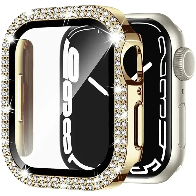Dazzling Apple Watch case featuring a crystal-encrusted frame for stylish protection and durability.