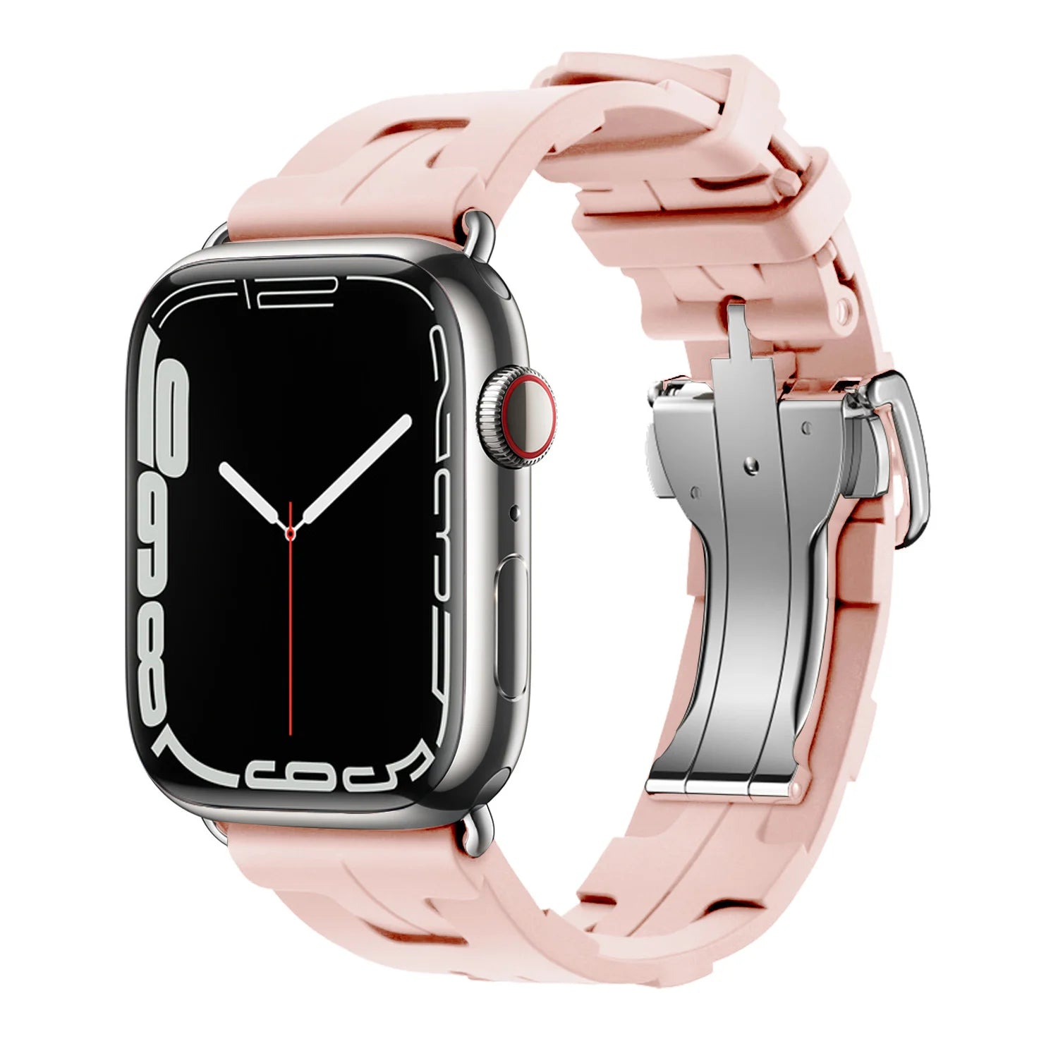 Apple Watch with soft pink silicone band, flexible and waterproof design for comfort and durability.