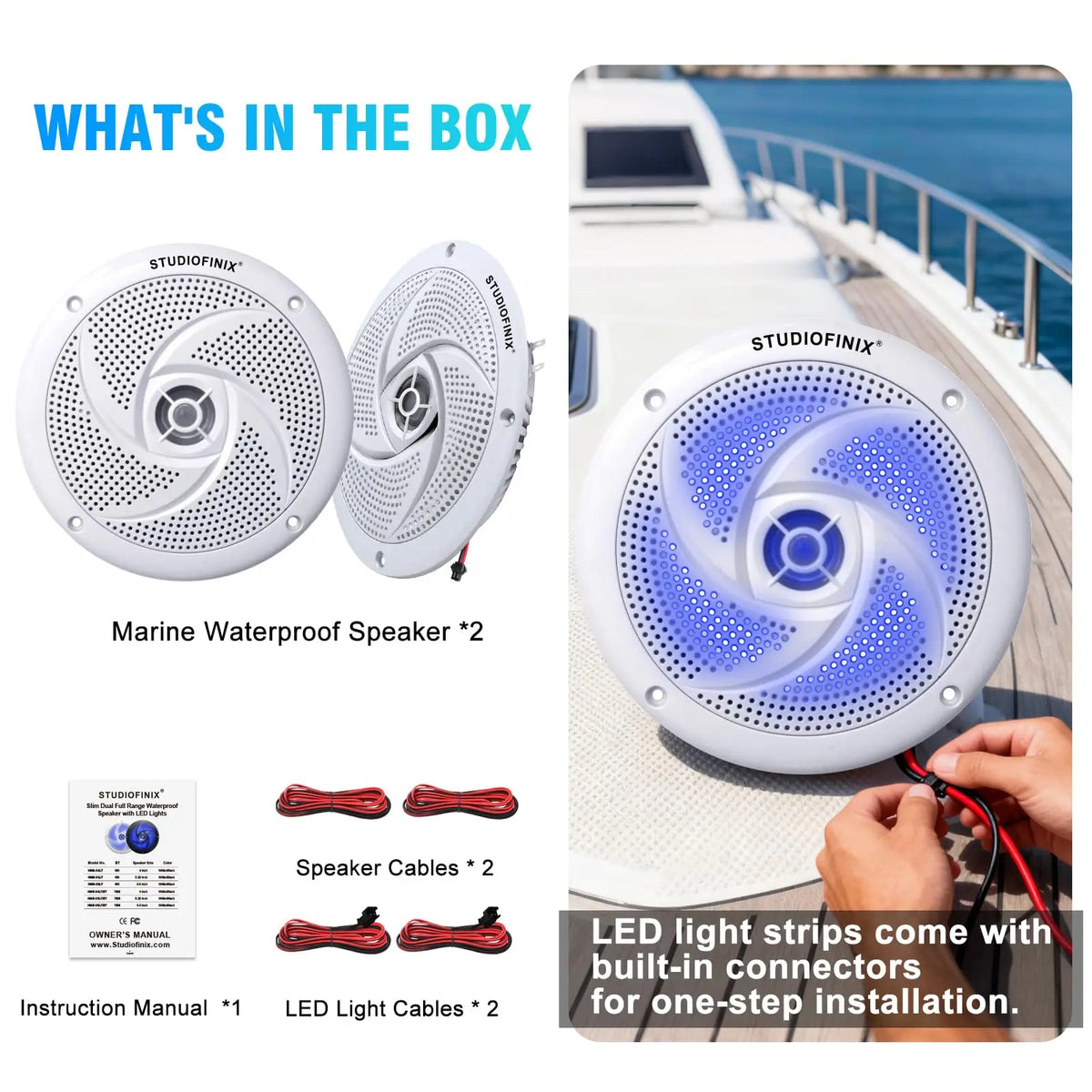 6.5 in LED Marine Speakers for Golf Carts, Low-Profile, Pair