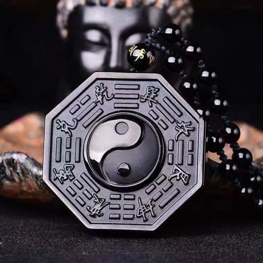 Carved Obsidian Yin Yang Bagua Pendant Necklace on Obsidian Bead Chain