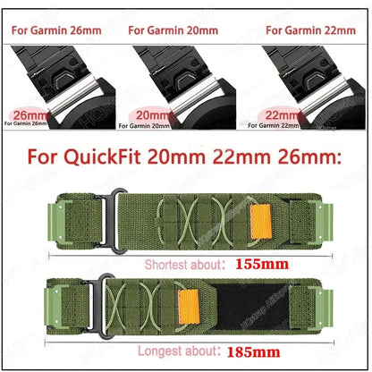 Garmin nylon strap options for QuickFit 20mm, 22mm, and 26mm with adjustable lengths of 155mm and 185mm.