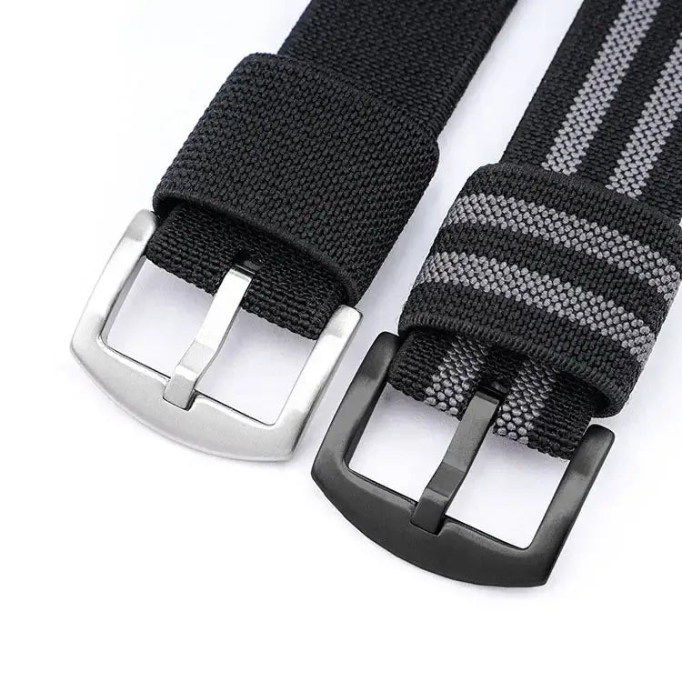 Nylon strap fabric keepers and buckle finishes