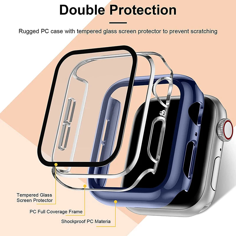 Infographic showing double protection features of a rugged PC case with tempered glass screen protector for Apple Watch.