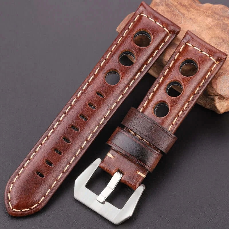 Dark brown leather band perforations and stitching for compatible Huawei watches