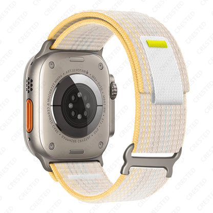 Apple Watch with Trail Loop nylon strap, featuring a breathable design for comfort and adjustable fit for active lifestyles.