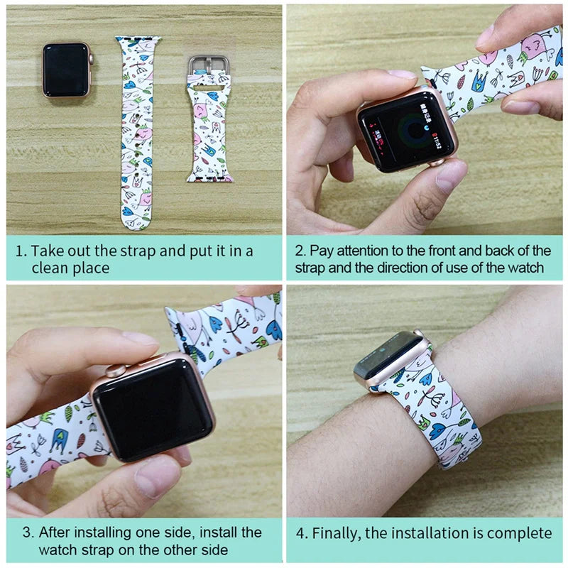 Steps to install Apple Watch silicone strap with unique printed designs, demonstrating fitting and adjustment process.