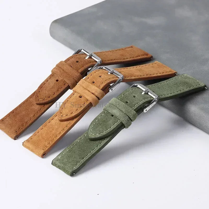 OnePlus Smartwatch Vintage Suede Leather Band Quick Release Strap in brown and green colors on a flat surface.