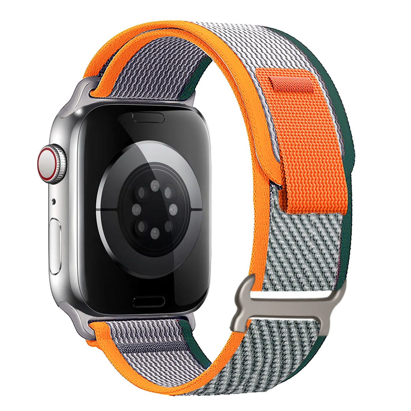 Apple Watch Trail Loop Nylon Strap in orange and gray, featuring a durable and adjustable design for comfort and style.