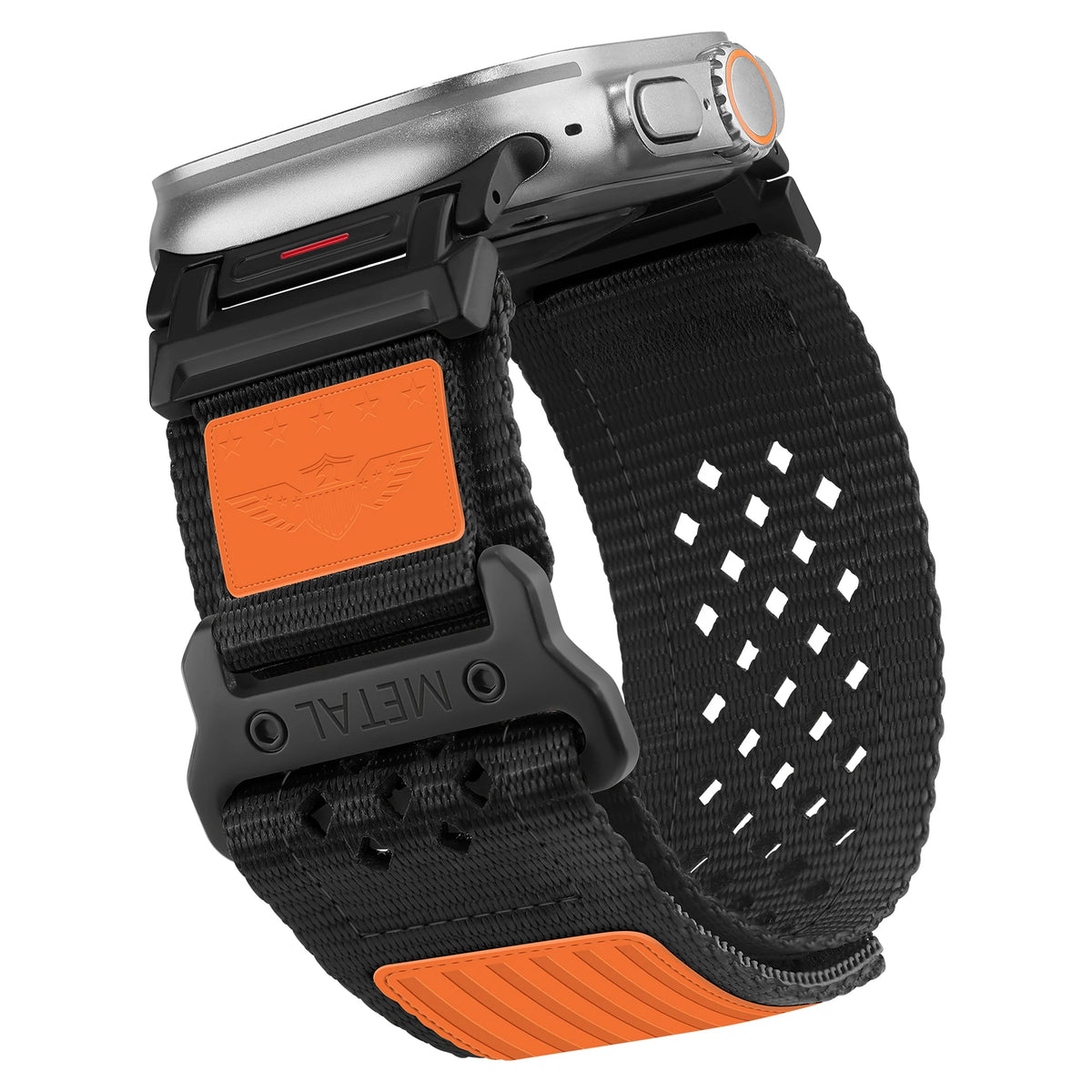 Perforated Nylon Apple Watch Sport Band with Decorative Patches in Black - Orange Embossed Patch