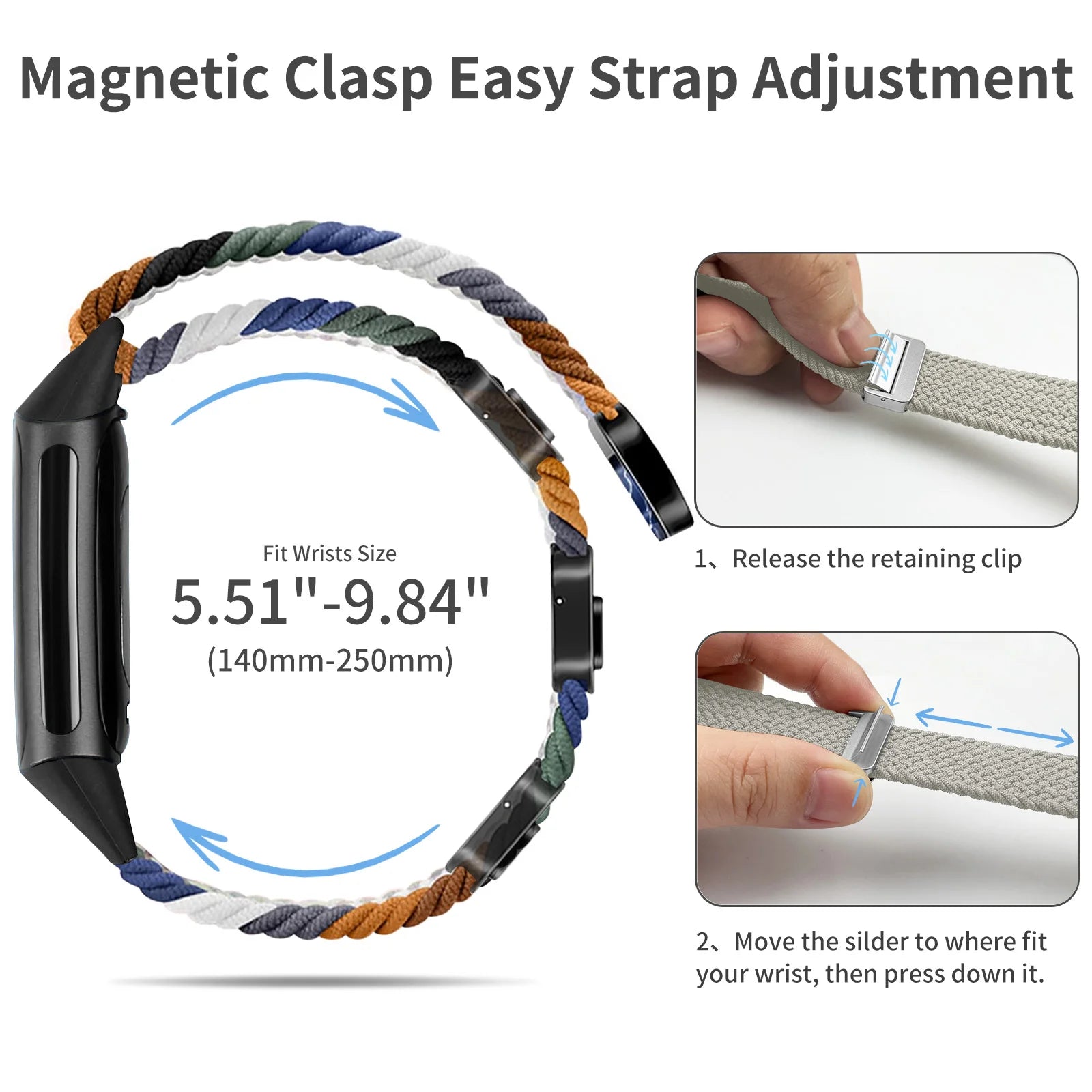 Magnetic clasp strap adjustment for Fitbit Charge 5 & 6, fitting wrist sizes 5.51-9.84 inches with easy release.