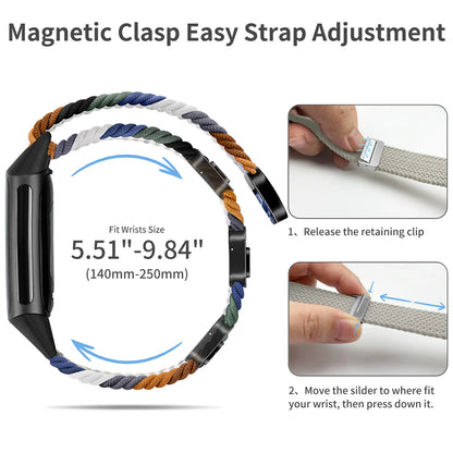 Magnetic clasp strap adjustment for Fitbit Charge 5 & 6, fitting wrist sizes 5.51-9.84 inches with easy release.