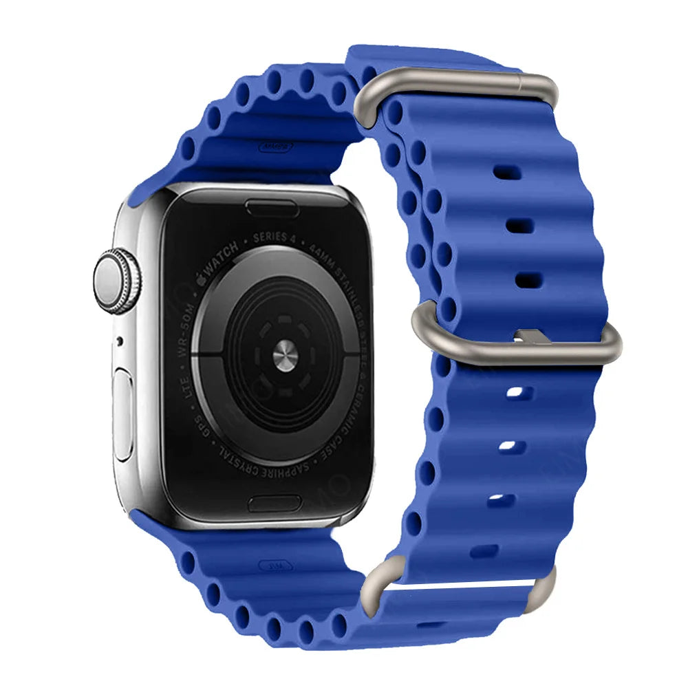 Apple Watch with blue silicone strap, waterproof and breathable for active lifestyles.