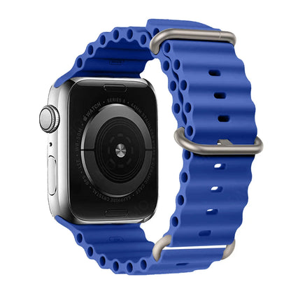 Apple Watch with blue silicone strap, waterproof and breathable for active lifestyles.