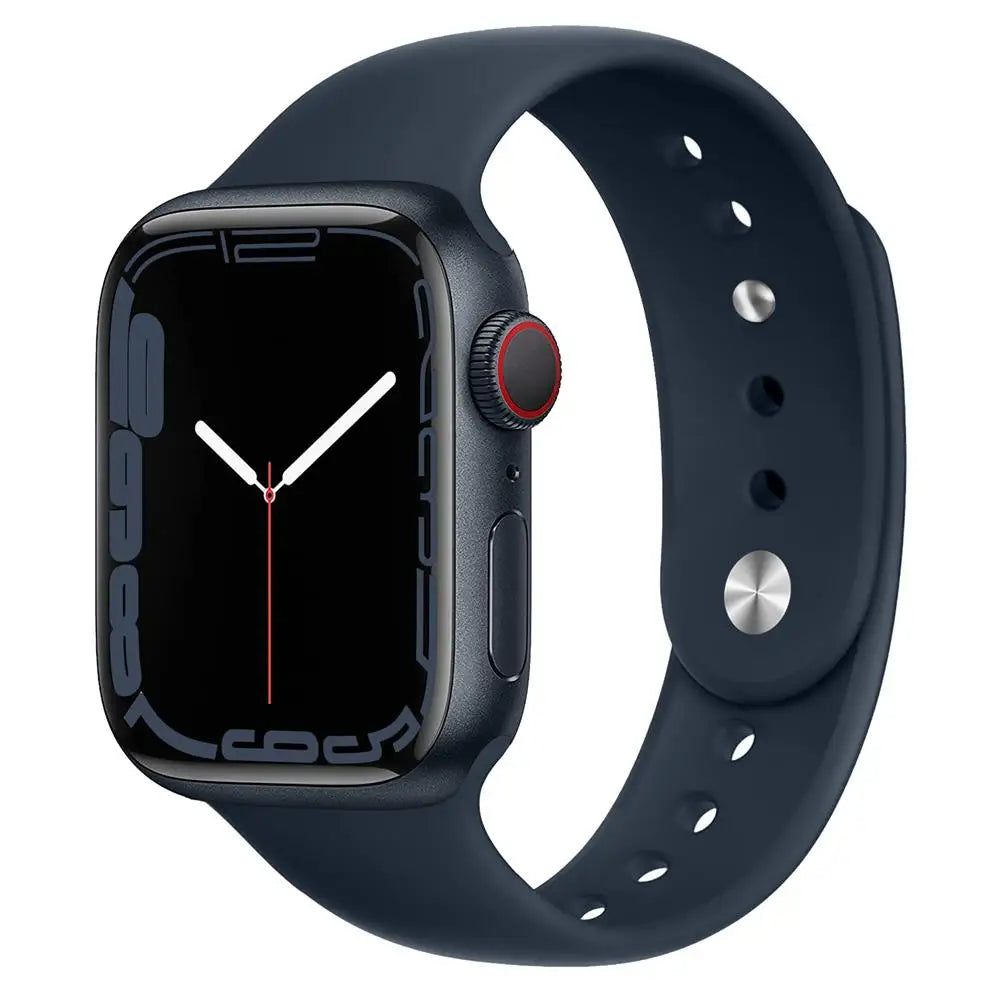 Apple Watch with black silicone strap, showcasing a modern design ideal for comfort and durability.