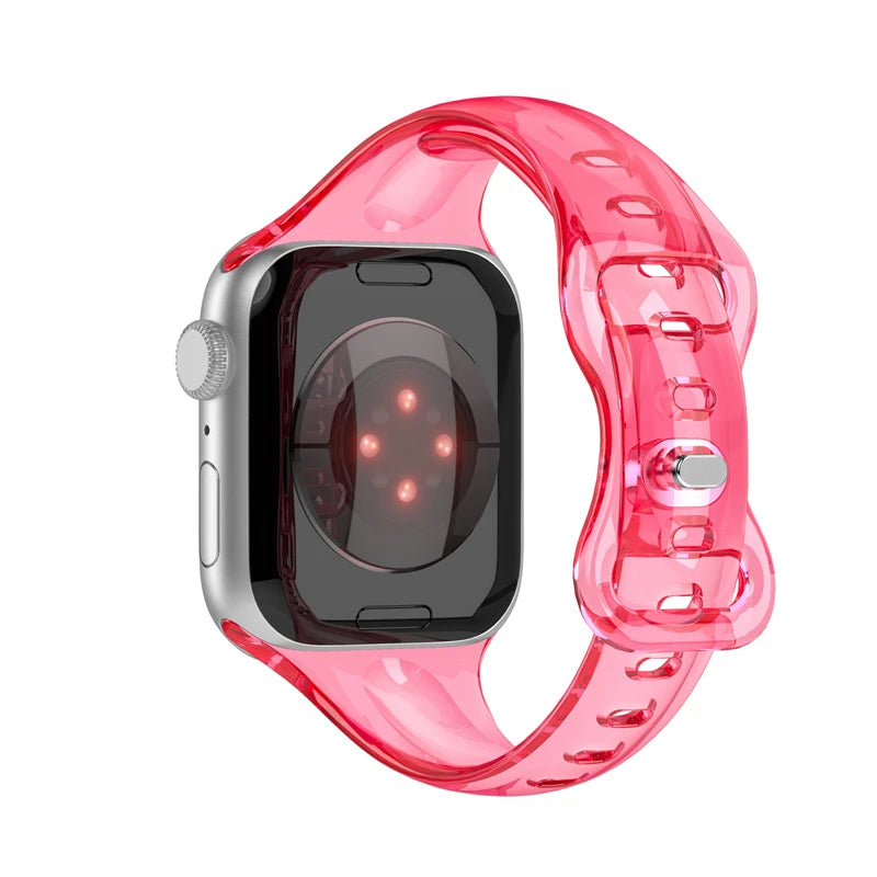 Apple Watch with a transparent pink strap, showcasing a sleek design and comfortable fit for everyday wear.